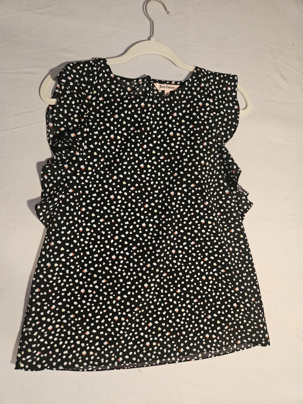 Juicy Couture Black Blouse with White, Coral Blue & Yellow Dot Print